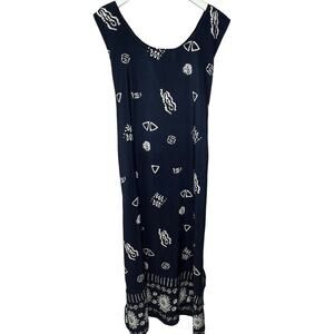 Vintage Looking Good Sleeveless Maxi Dress Navy Blue Size 2X Tie Belt Sun Tribal